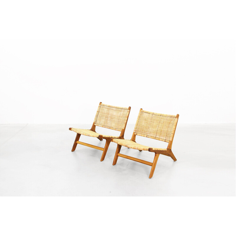 Pair of vintage Danish lounge chairs in cane and rattan