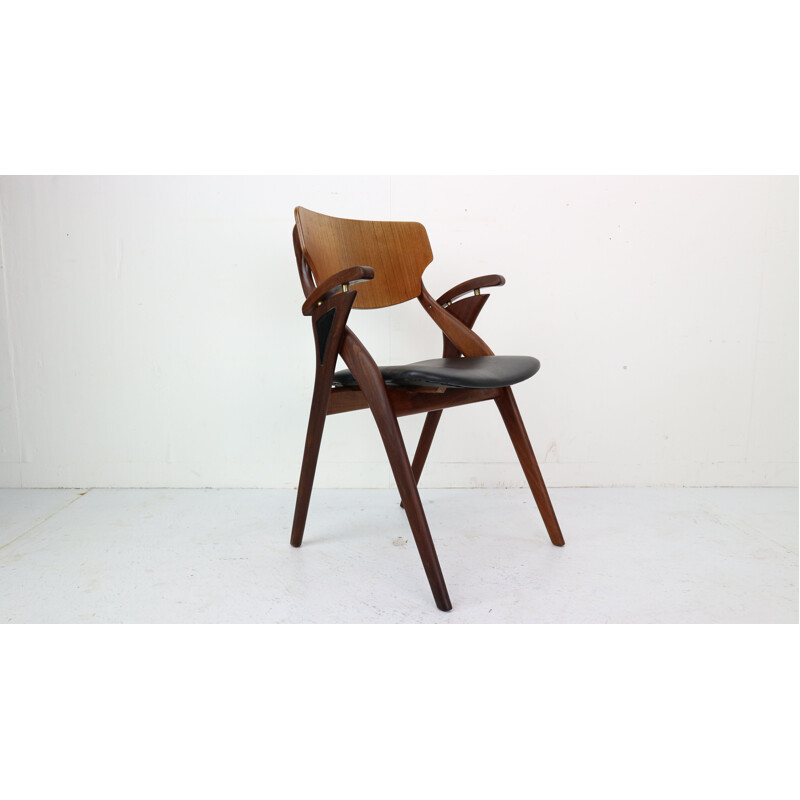 Vintage teak and black leather chair by Arne Hovmand-Olsen