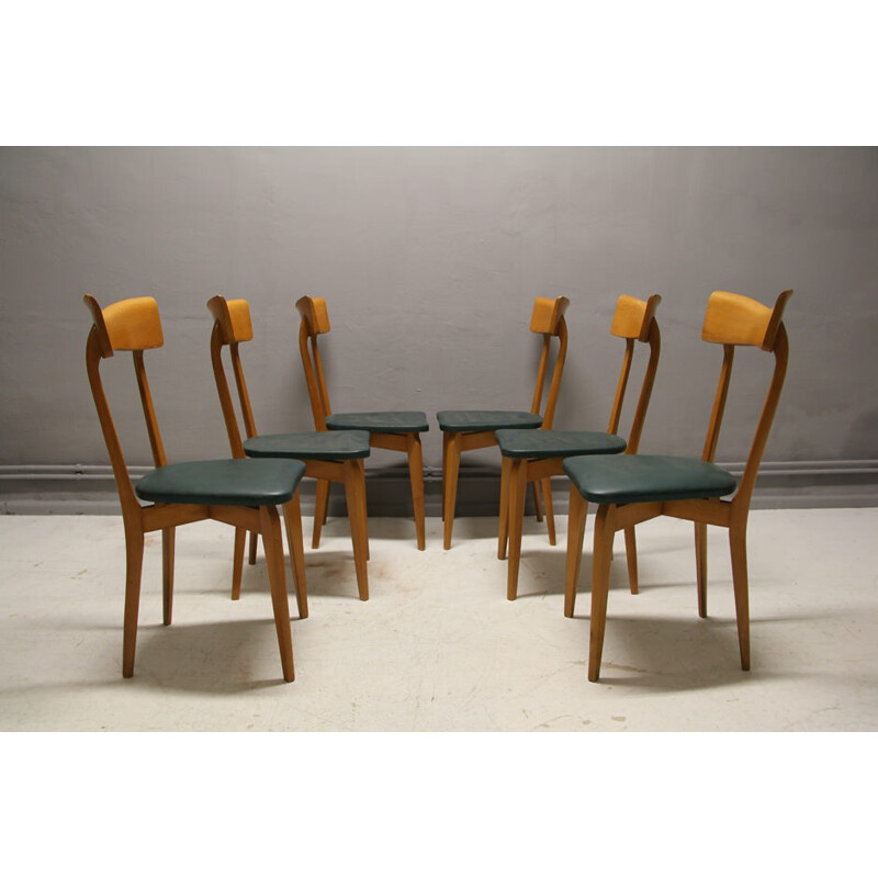 Colombo Cantu birch, glass and green leatherette dining set, Ico PARISI - 1945