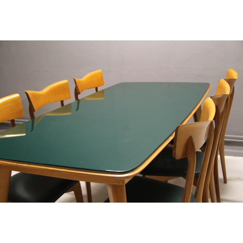 Colombo Cantu birch, glass and green leatherette dining set, Ico PARISI - 1945