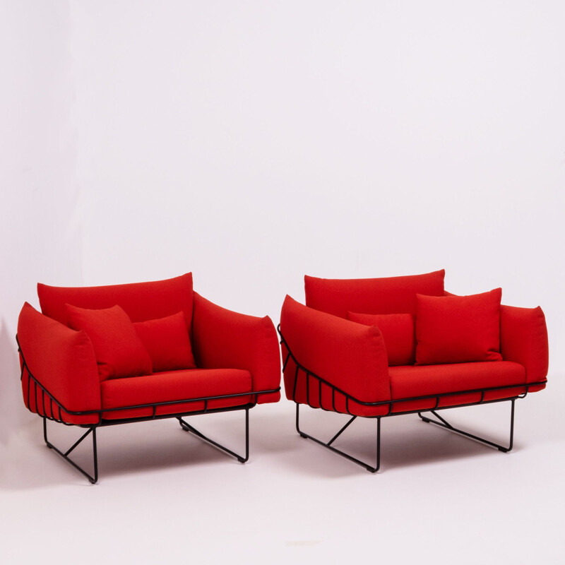 Set of 2 vintage Wireframe lounge chairs for Herman Miller in red fabric