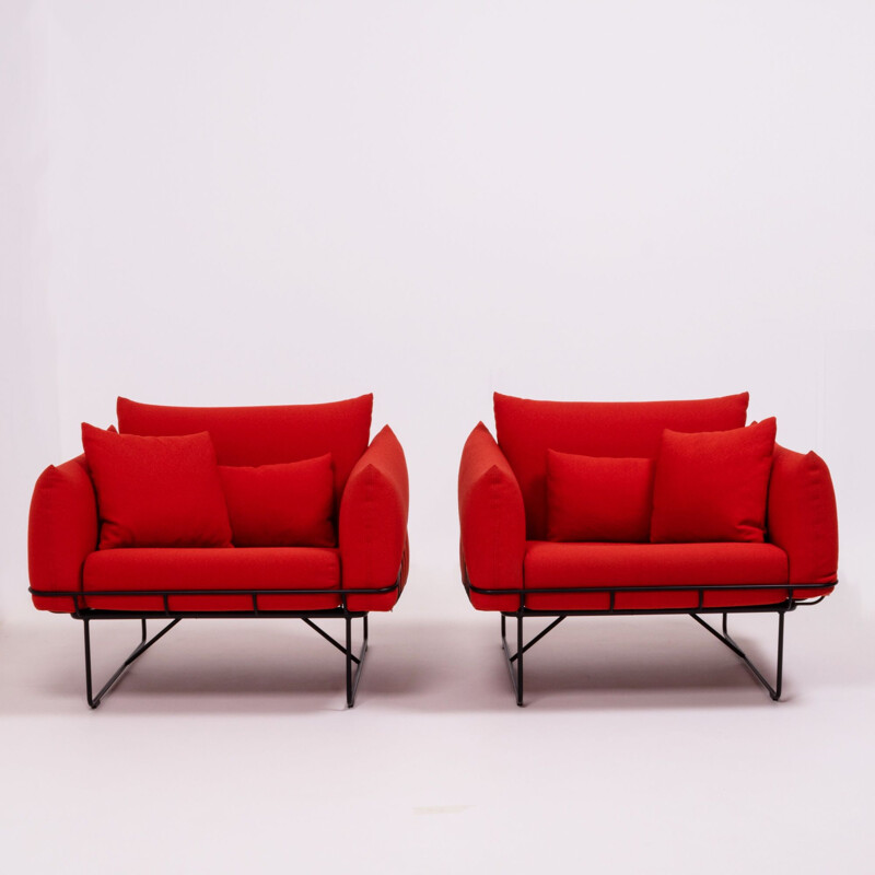 Set of 2 vintage Wireframe lounge chairs for Herman Miller in red fabric