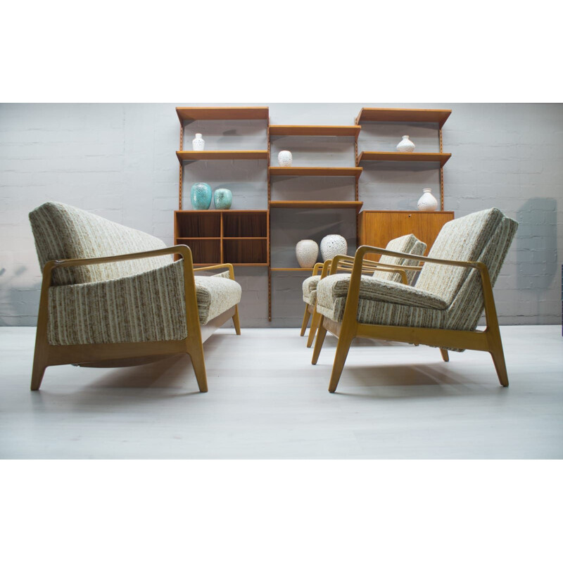 Scandinavian vintage living room set in wood and fabric, 1960