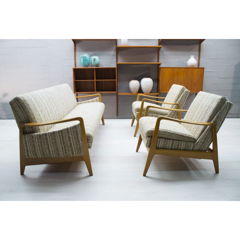 Scandinavian vintage living room set in wood and fabric, 1960