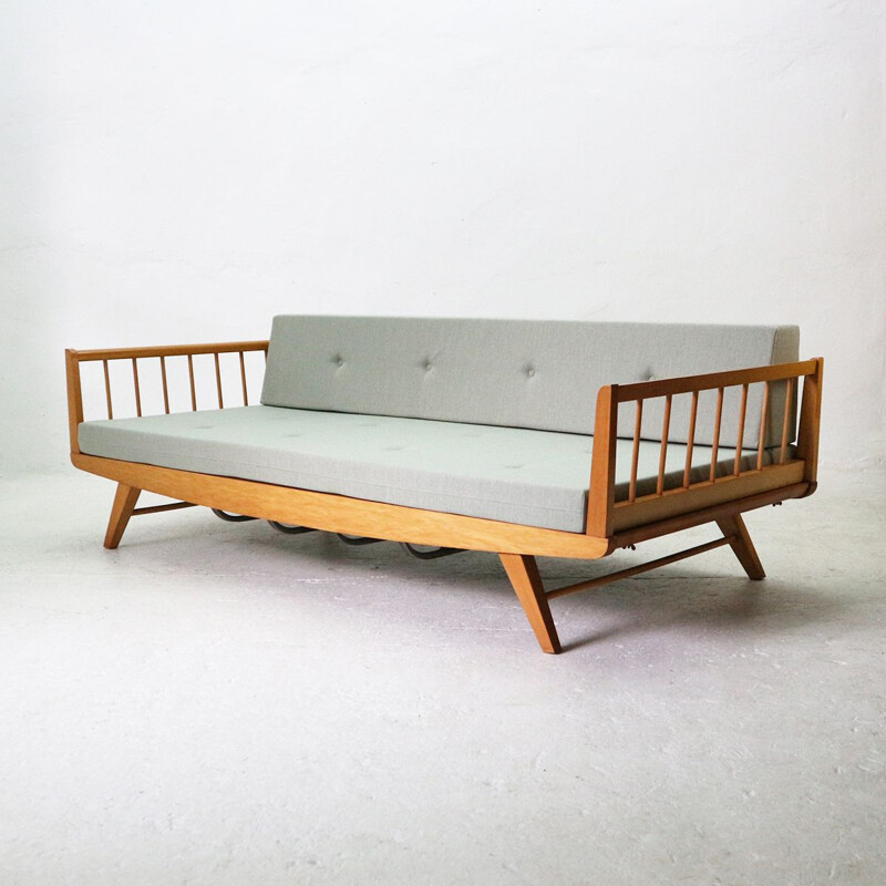Vintage upholstered 50s beechwood day bed