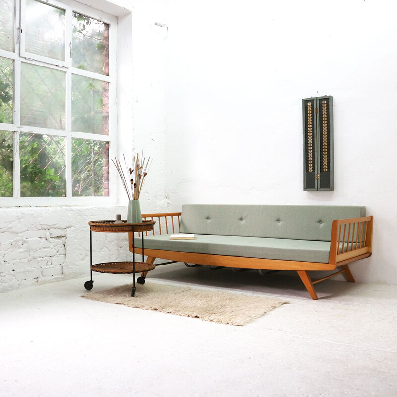 Vintage upholstered 50s beechwood day bed