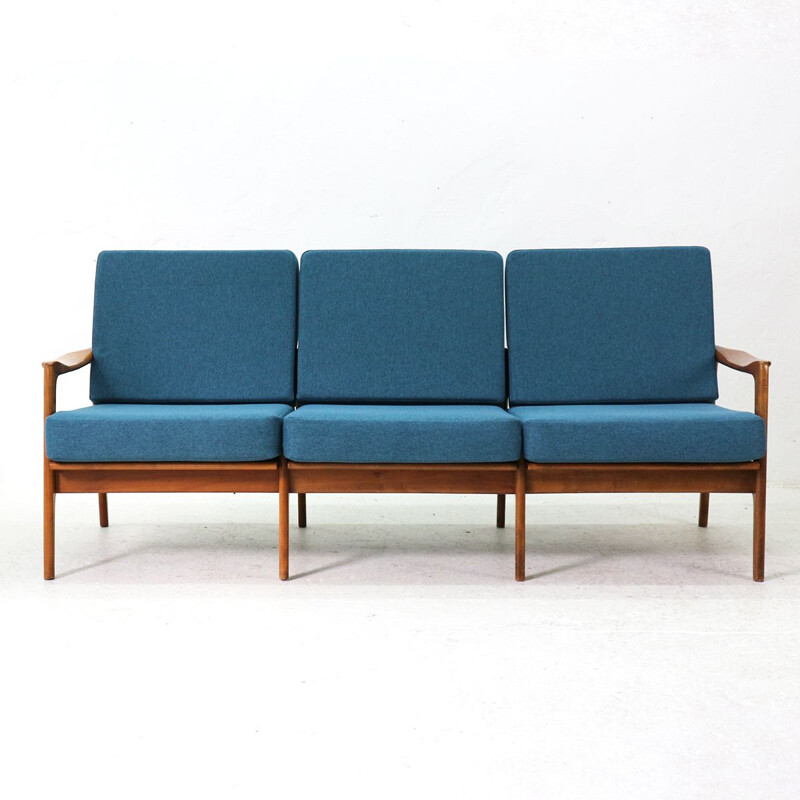 Vintage reupholstered 60s Cherrywood Sofa in teal