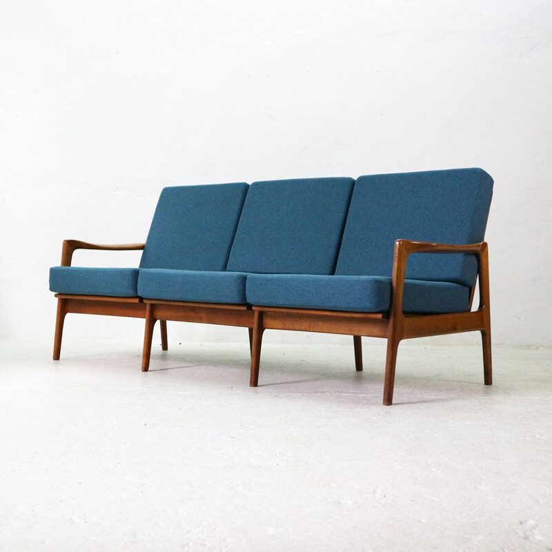 Vintage reupholstered 60s Cherrywood Sofa in teal