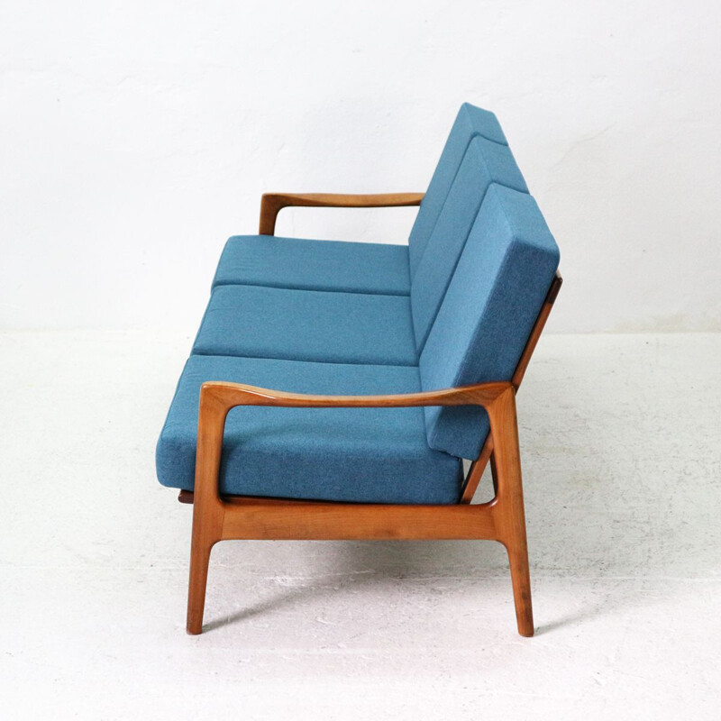 Vintage reupholstered 60s Cherrywood Sofa in teal