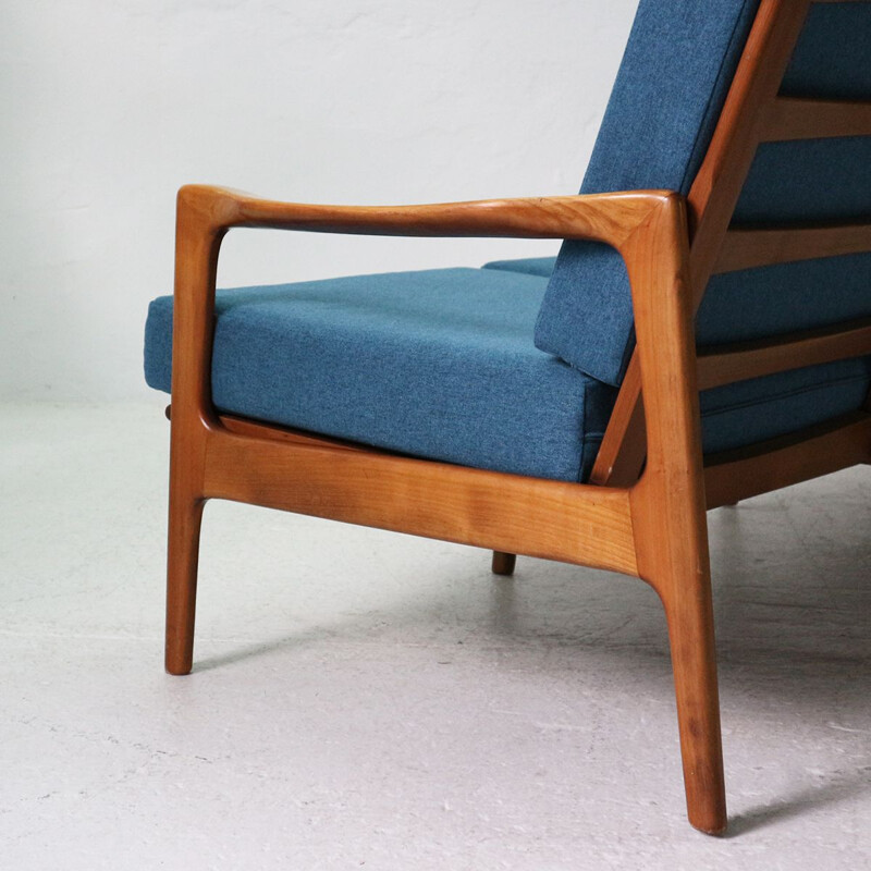 Vintage reupholstered 60s Cherrywood Sofa in teal