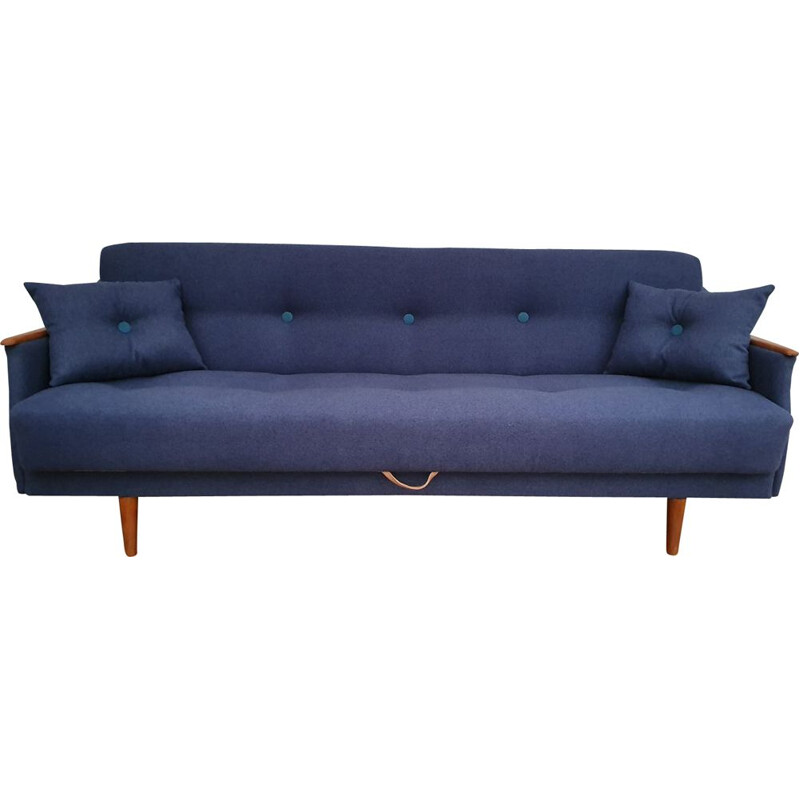 Vintage 3-seater sofa in teak and blue fabric