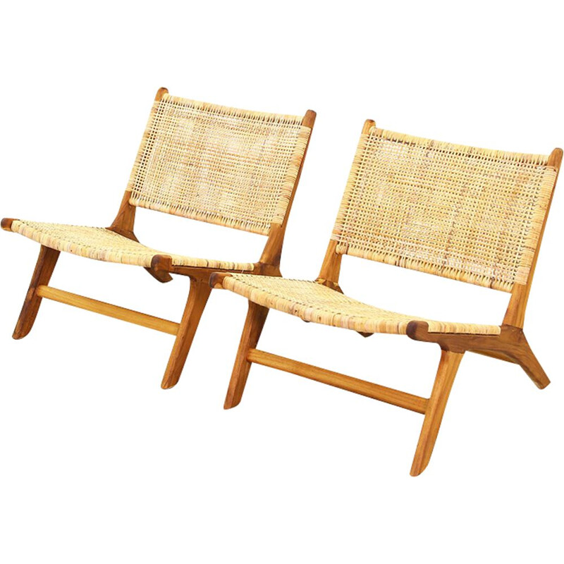 Pair of vintage Danish lounge chairs in cane and rattan