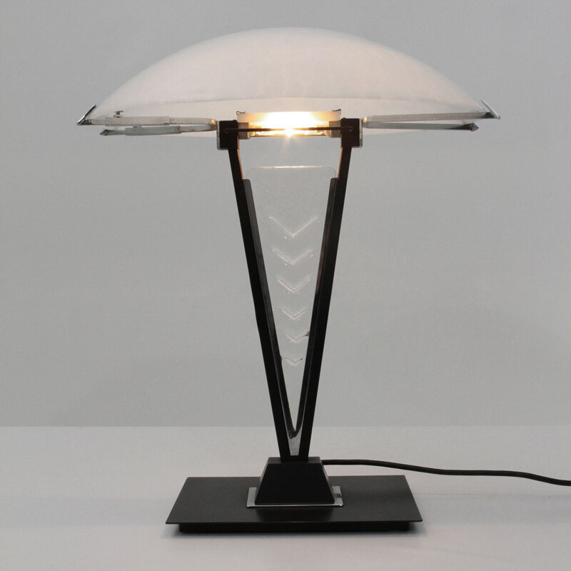 Vintage postmodern black metal and glass table lamp, 1980s