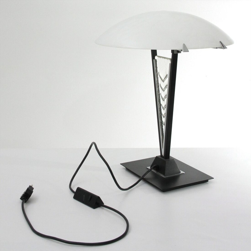 Vintage postmodern black metal and glass table lamp, 1980s