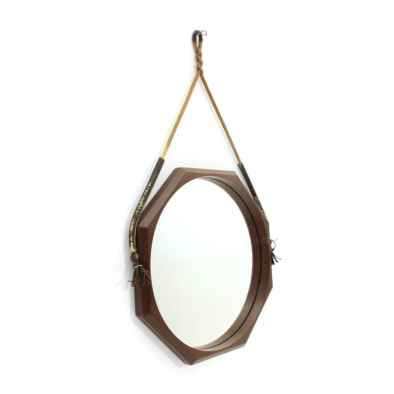 Espelho octogonal com moldura de madeira 1960