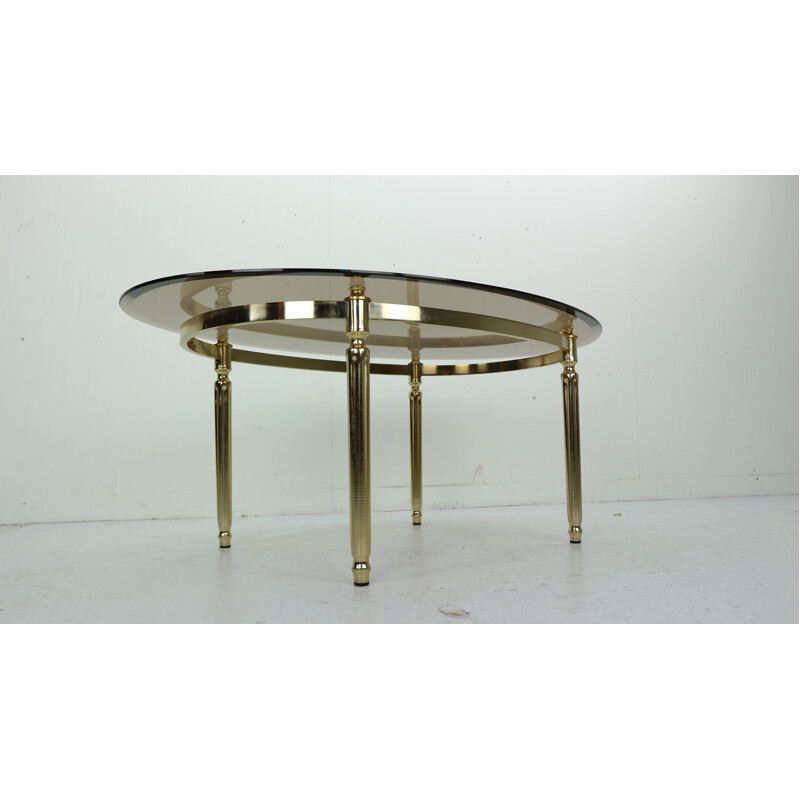 Vintage Hollywood Regency Smoked Glass and Brass Oval coffee Table 1970s