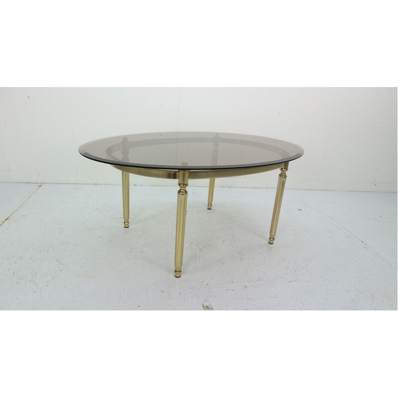 Vintage Hollywood Regency Smoked Glass and Brass Oval coffee Table 1970s