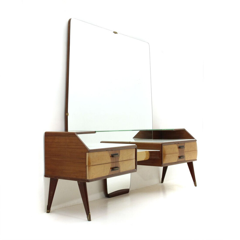 Vintage italian dressing table in wood and glass with mirror 1950s