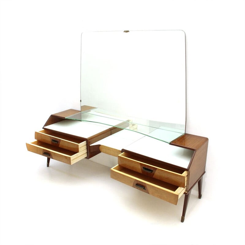 Vintage italian dressing table in wood and glass with mirror 1950s