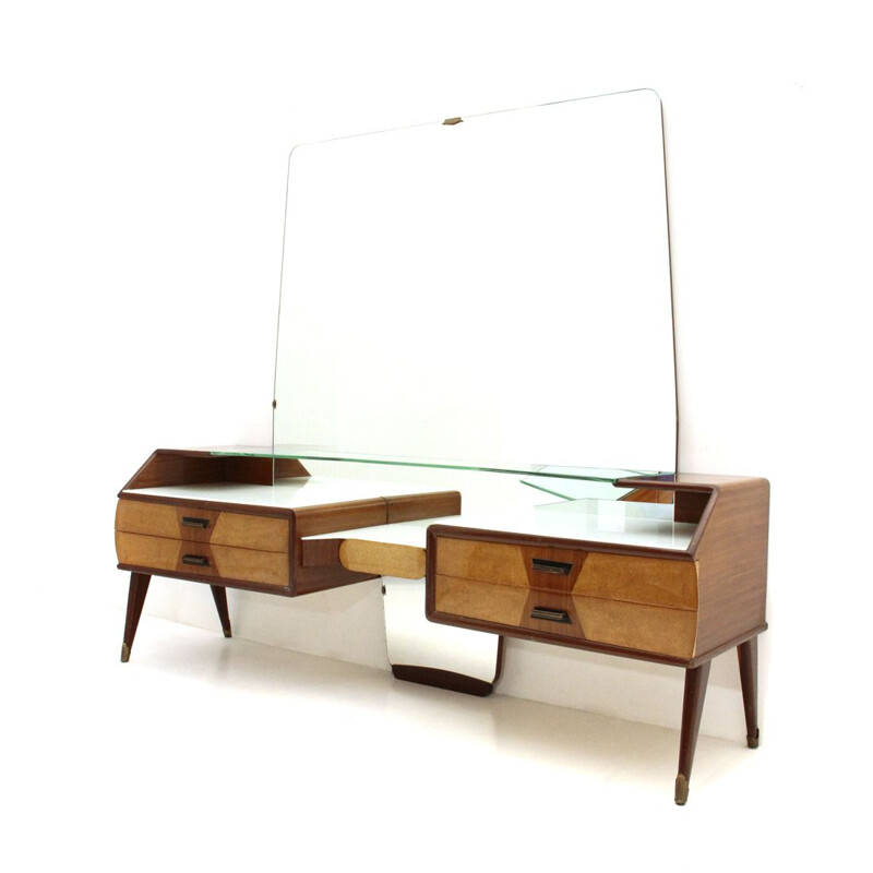 Coiffeuse vintage italienne en bois et verre avec miroir 1950