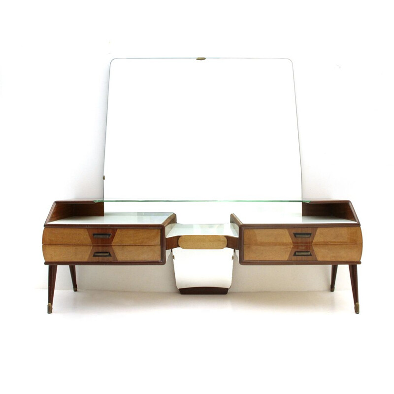 Vintage italian dressing table in wood and glass with mirror 1950s