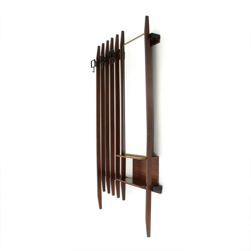 Vintage italian wall coat rack for Fiarm in wood and black metal with mirror 1960s