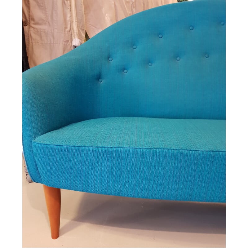 Vintage Paradiset sofa by Triva in turquoise blue fabric 1950s