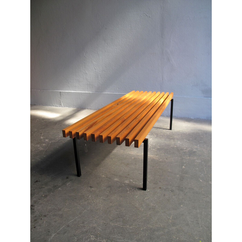 Vintage bench in cherrywood and with a black metal base 1980s