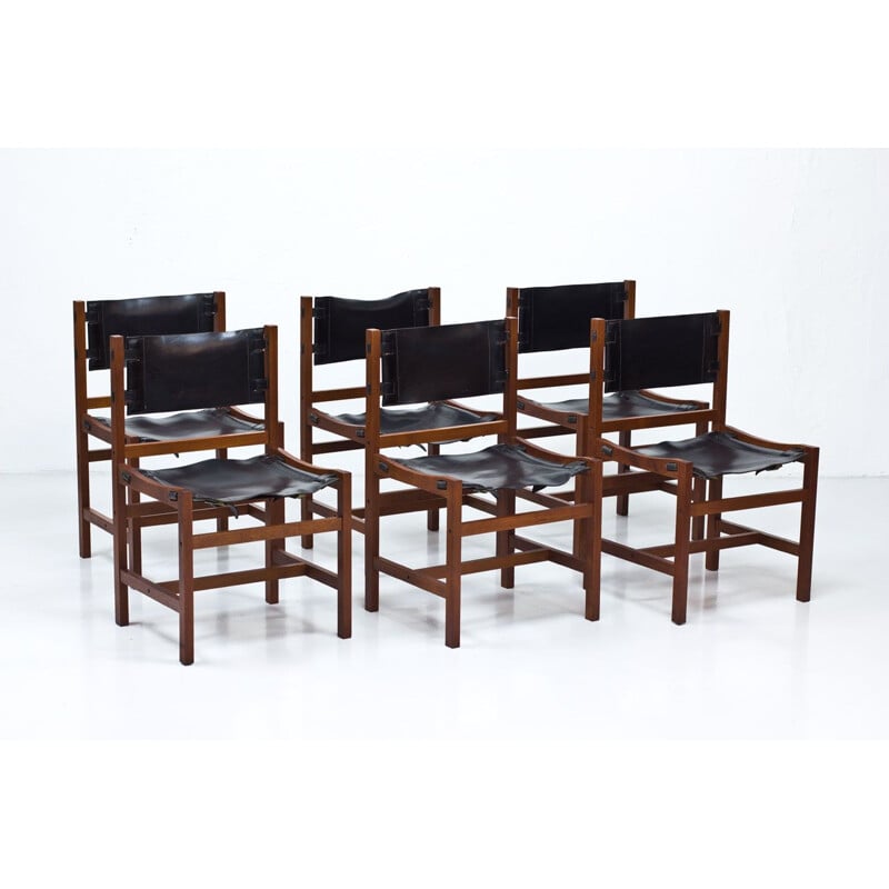 Set of 6 dining chairs in teak and black leather