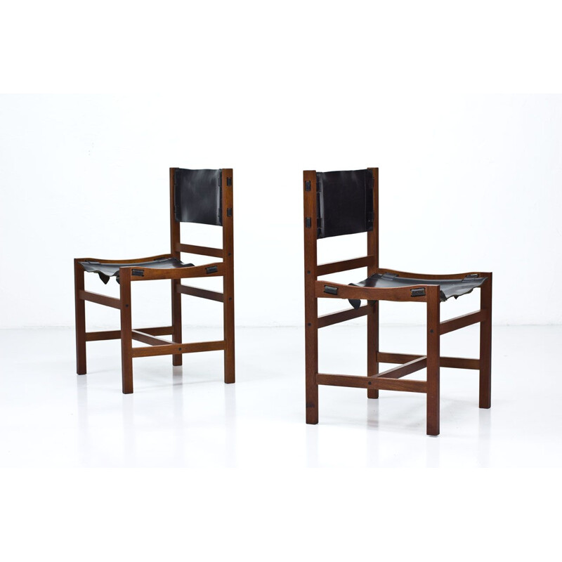 Set of 6 dining chairs in teak and black leather