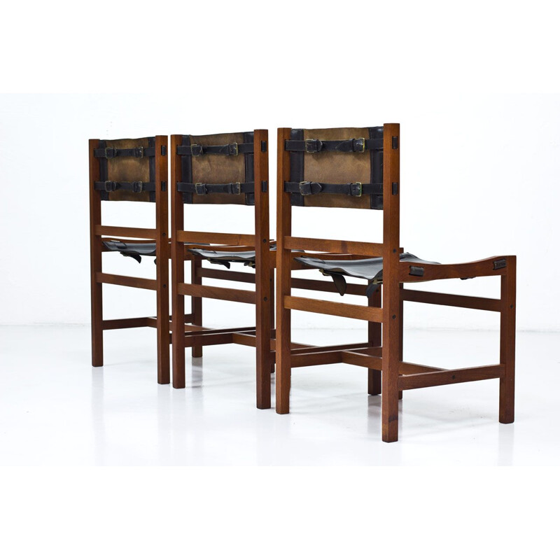 Set of 6 dining chairs in teak and black leather