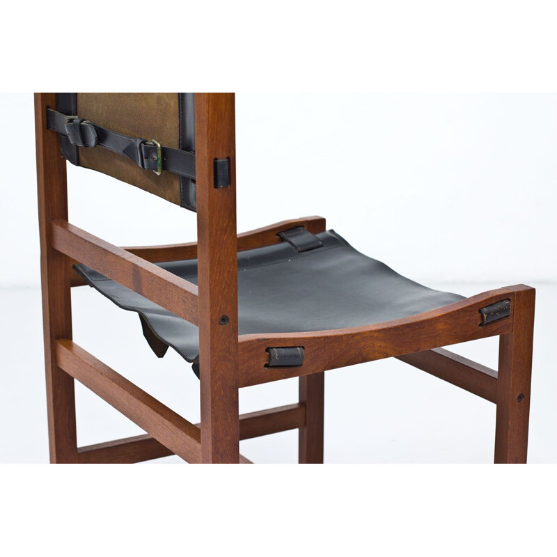 Set of 6 dining chairs in teak and black leather