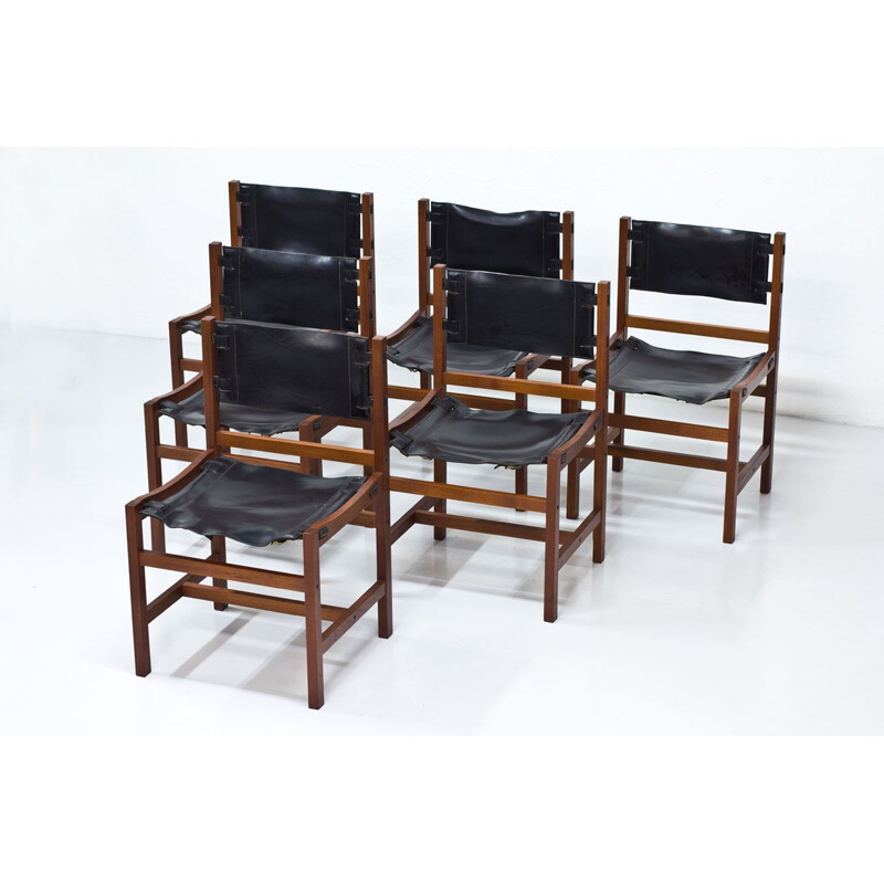 Set of 6 dining chairs in teak and black leather