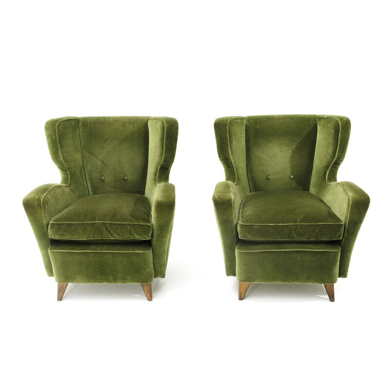 Pair of vintage Italian armchairs in green velvet