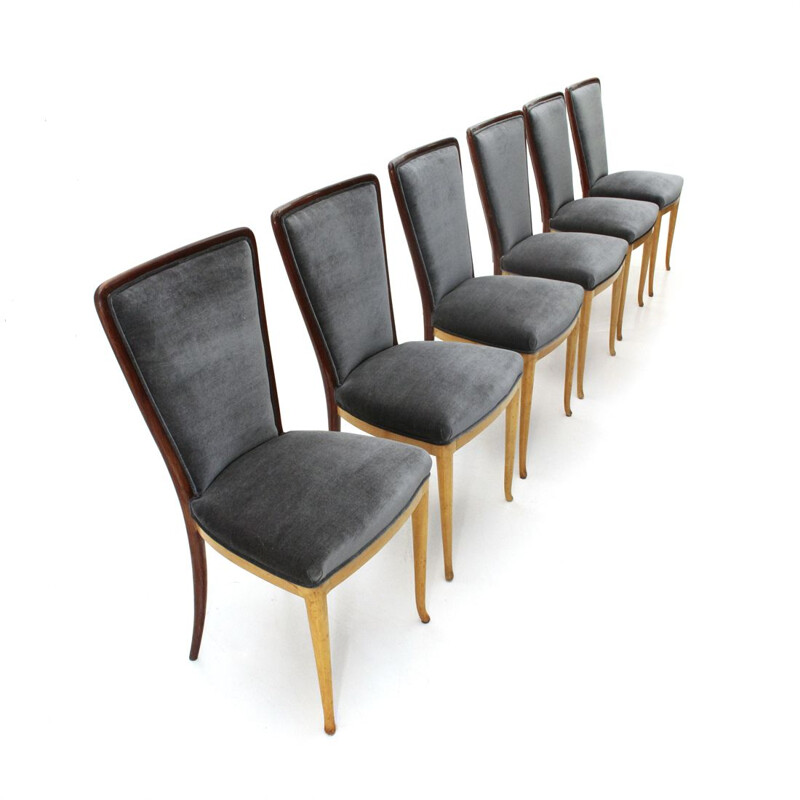 Set of 6 vintage dining chairs in wood and black velvet 1940s