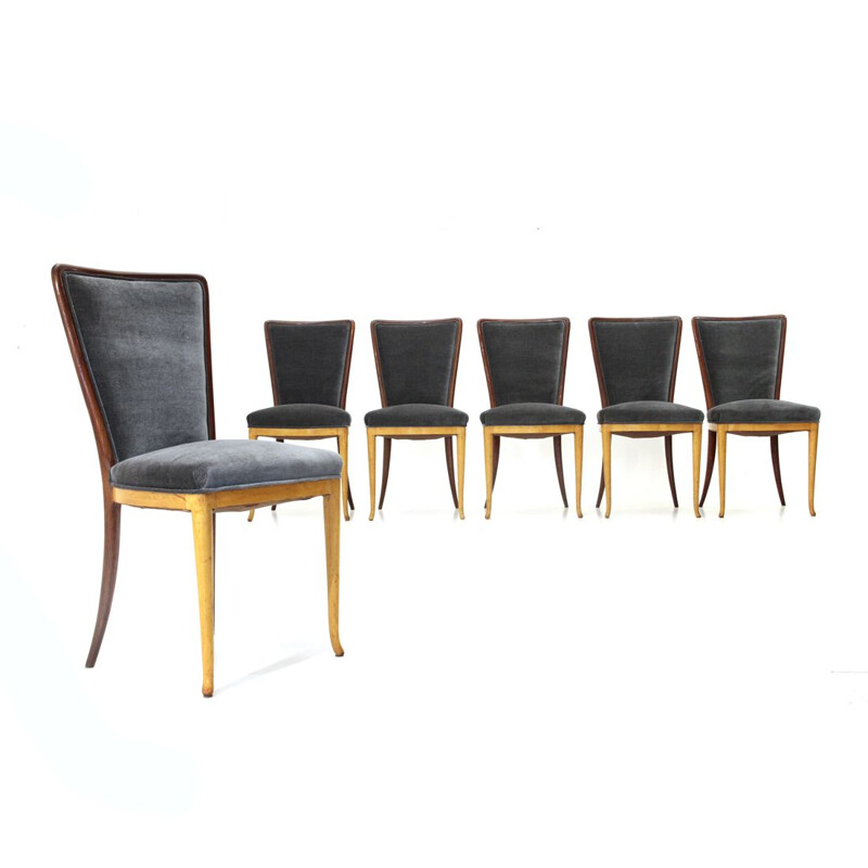 Set of 6 vintage dining chairs in wood and black velvet 1940s