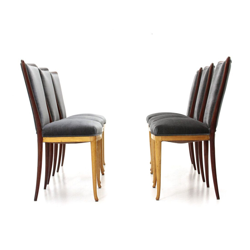 Suite de 6 chaises vintage en bois et velours noir 1940