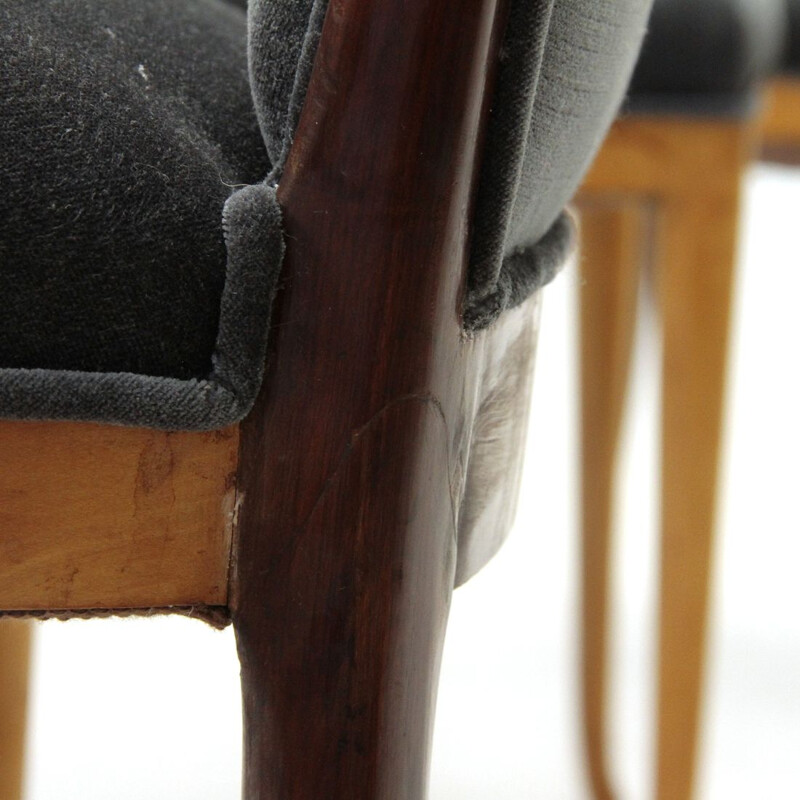 Set of 6 vintage dining chairs in wood and black velvet 1940s