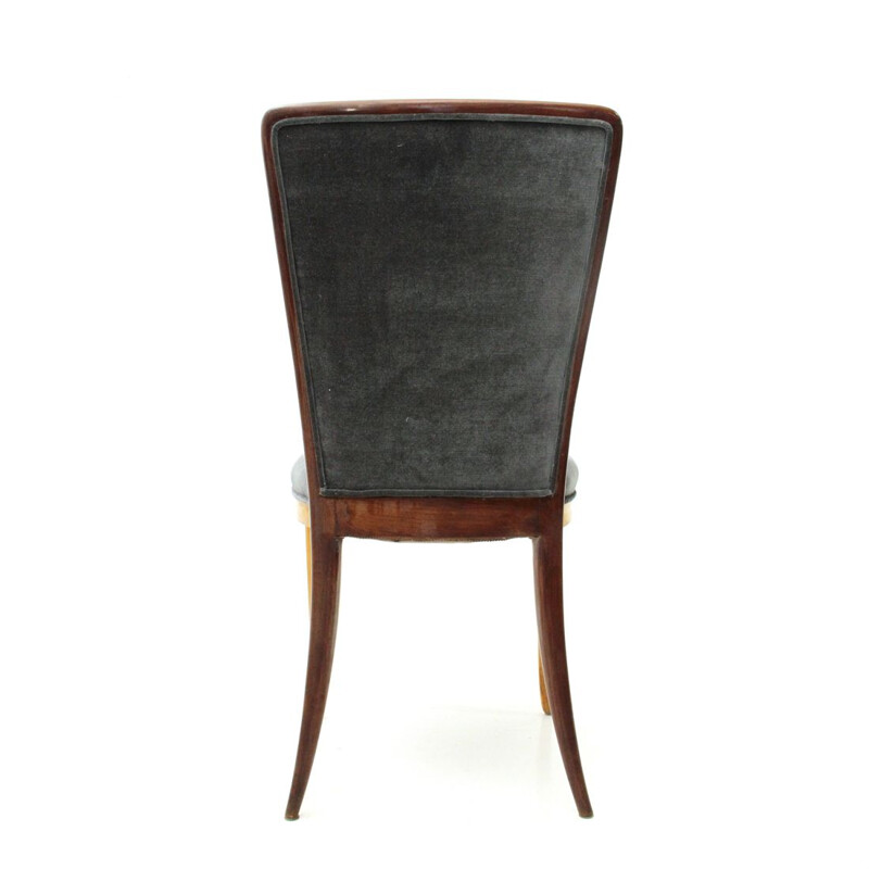 Set of 6 vintage dining chairs in wood and black velvet 1940s