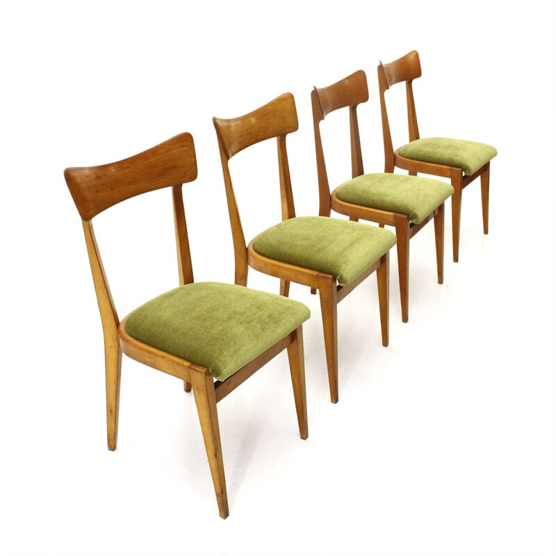 Suite de 4 chaises vintage italiennes en velours vert et bois 1950