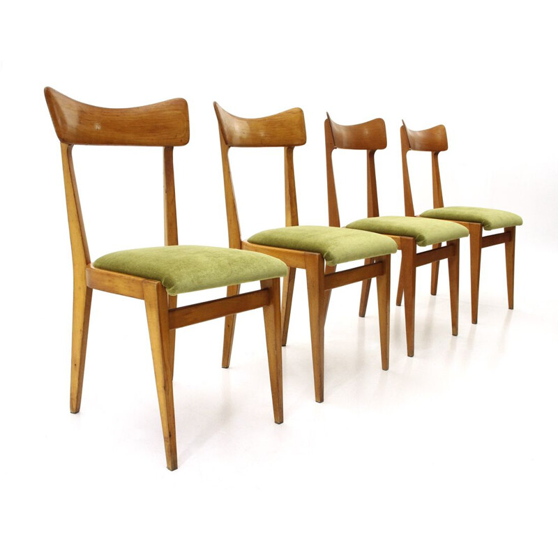 Set of 4 vintage italian chairs in green velvet and wood 1950s