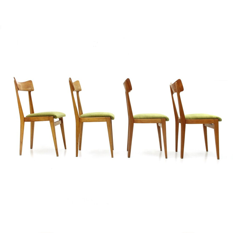 Suite de 4 chaises vintage italiennes en velours vert et bois 1950