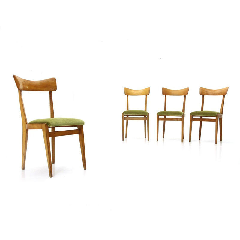 Set of 4 vintage italian chairs in green velvet and wood 1950s