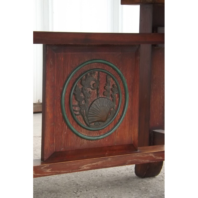Table vintage japonisante Art Déco en chêne et bronze 1940
