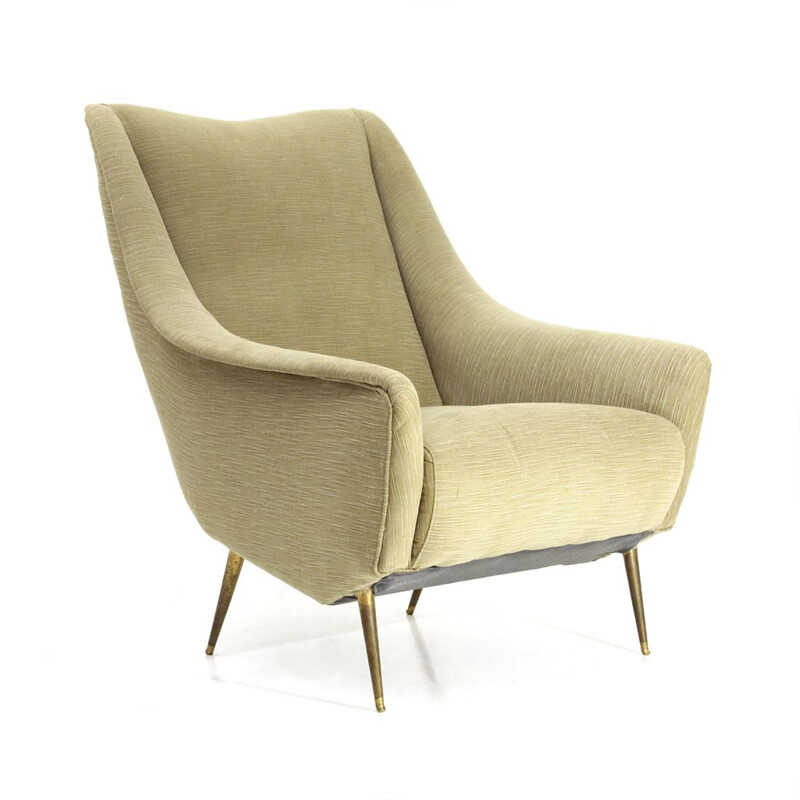 Vintage italian armchair in kaki fabric and brass 1950s
