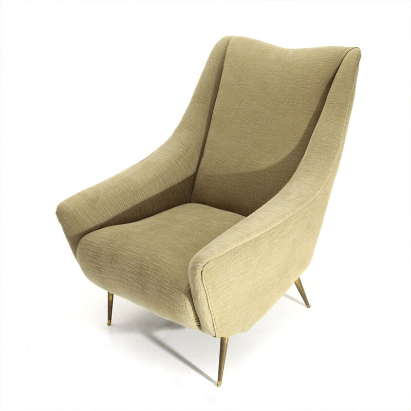Vintage italian armchair in kaki fabric and brass 1950s