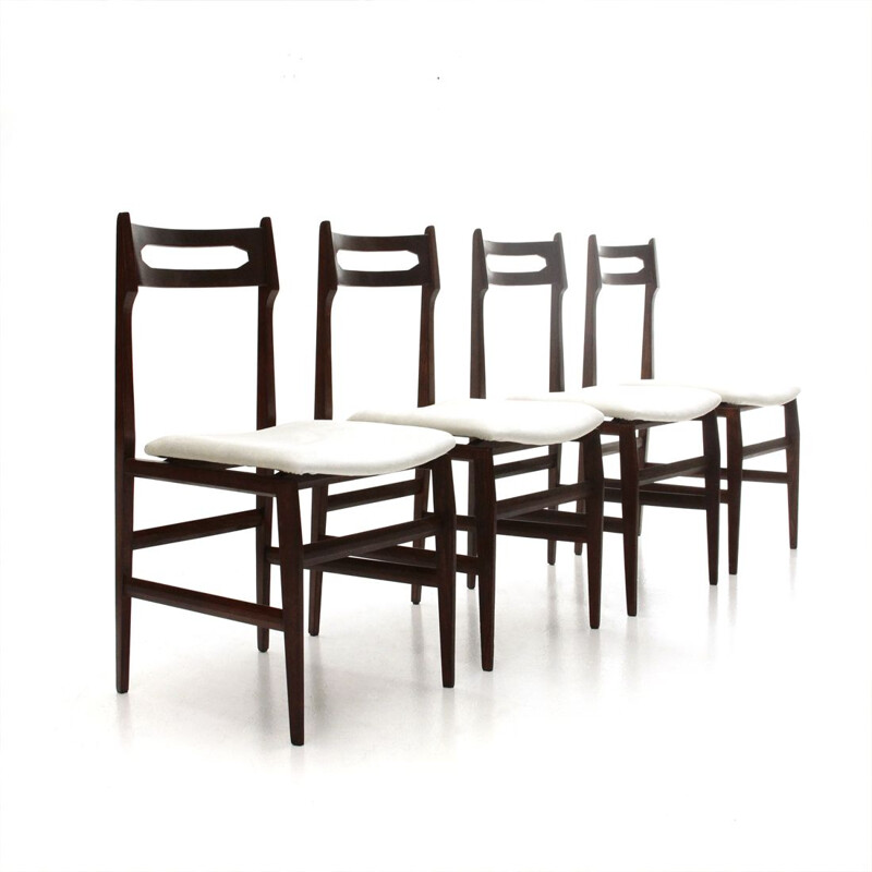 Set of 4 vintage italian chairs in white velvet and wood 1950s