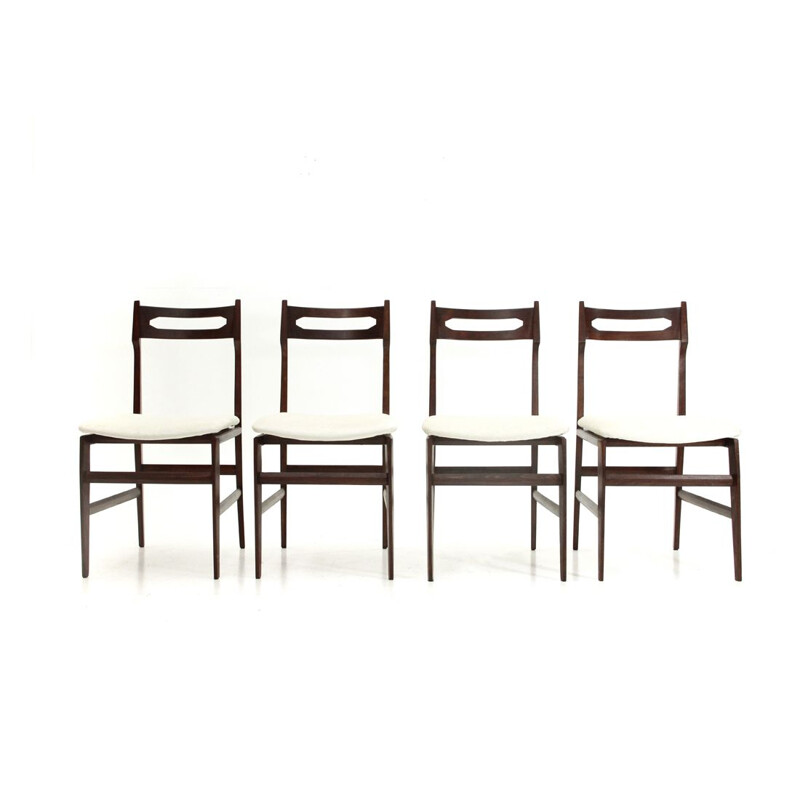 Suite de 4 chaises vintage italiennes en velours blanc et bois 1950