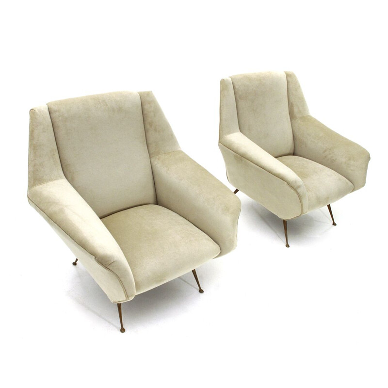 Pair of vintage white cream velvet armchairs 1950s
