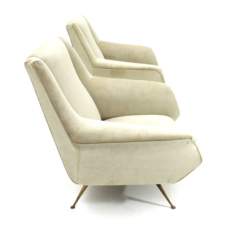 Paire de fauteuils vintage en velours crème blanc 1950